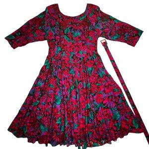 Vintage S.L. Fashions Floral Midi Dress Belted Made USA 80s 90s Size 14